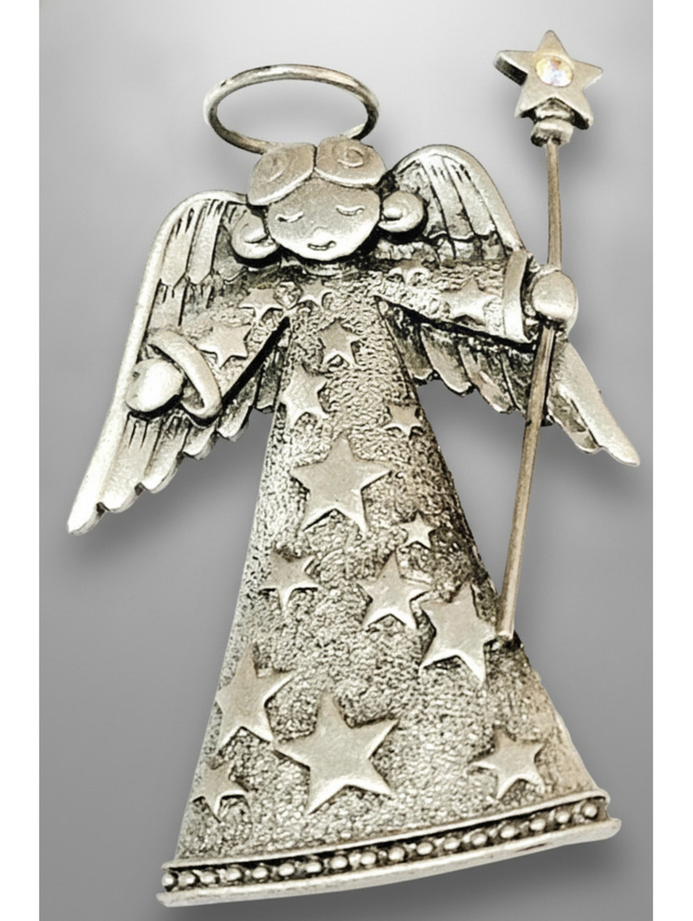 Vintage JJ Christmas Angel Brooch Pin Pewter-tone Figural Designer h-36